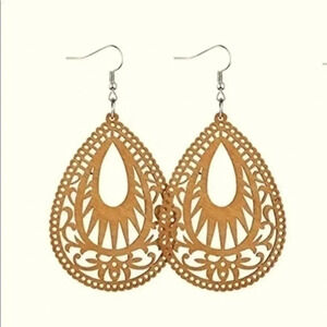 Laser Cut Lacey Open Teardrop Wood Wooden Drop Earrings